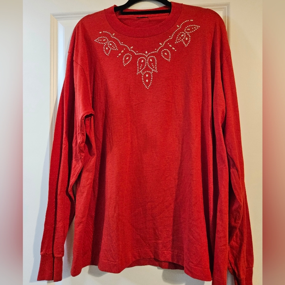 Vintage 80s Red Long Sleeve Shirt with Embellished Neckline And Fringe On Back